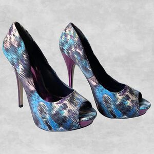 Aldo Peep Toe Platform Pumps Size 8.5/39 Purple/Blue Satin Purple Metallic Heels